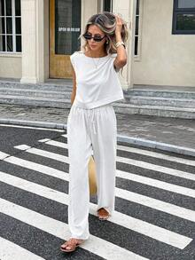 Conjunto de 2 piezas de chaleco y pantalones a cuadros casuales de vacaciones para mujer - Blanco - Ver 2