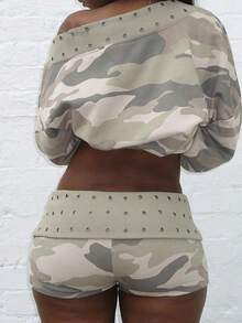Womens Summer Fold Over Shorts Casual Slim Fit Stylish Rivet Design Low Rise Shorts - color camuflaje - Ver 4