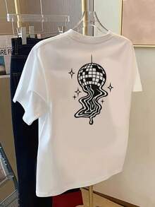 Printed T-Shirt With Front And Back Designs, Disco Ball Pattern, Party Theme, Round Neck, Short Sleeves, Comfortable Fit, Classic Design, Fashionable Item, Double-Sided Printed Top For Women. Elegant Party Outfit, T-Shirt For Elegant Ladies, Blouses Suitable For Curvy Women, Prom Skirts, Casual Wear - 白色 - 查看 2