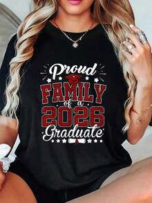 1 Piece Graduation T-Shirt 2026 For The Proud Family Of A 2026 Graduate, Short Sleeve Summer T-Shirt With Round Neck, Casual Top For Summer And Spring, Women's Clothing, 180g 100% Cotton - 黑色 - 查看 6