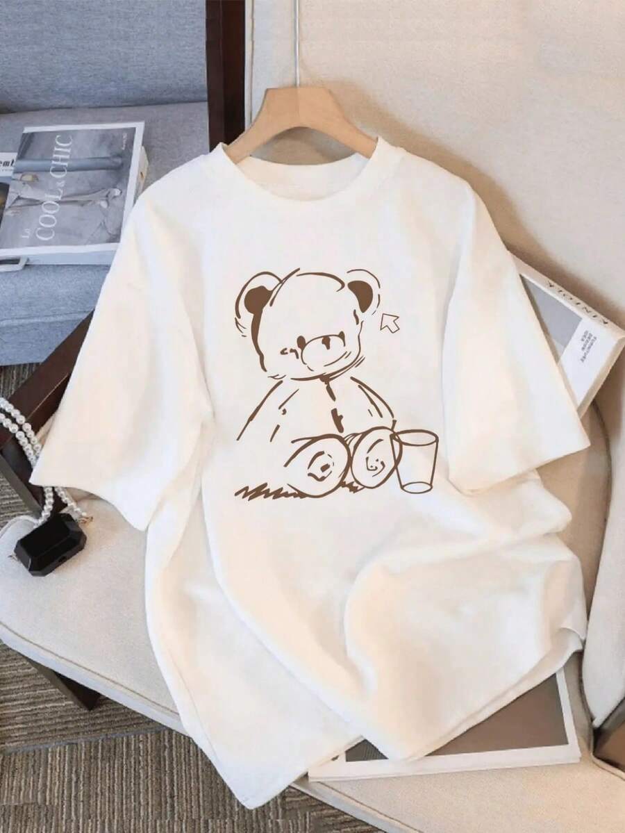Plus Size Women's T-Shirt With A Cute Teddy Bear Print And A Lovely Cartoon Design - Short Sleeve, Round Neck, Casual Wear, White Top For All Seasons (Machine Washable), Ideal For Cute And Stylish Looks. - 白色 - 查看 1