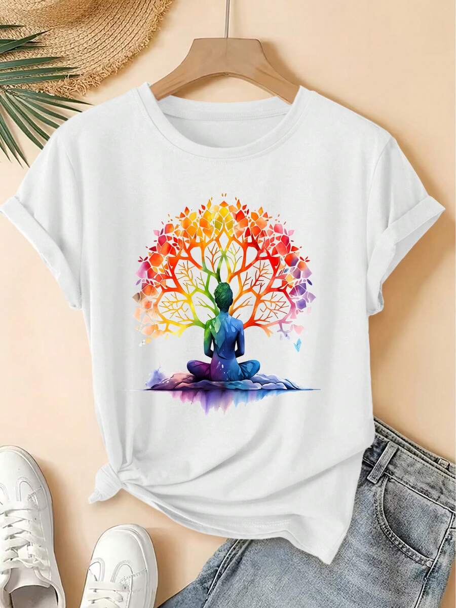 Women's Spring/Summer 2026 T-Shirt, New Style, Round Neck, Yoga Print With Tree Of Life And Rainbow, Short Sleeve, Vintage Distressed Style, Casual Top, Soft Knit Fabric, High-Quality Women's Clothing.|Fun And Original Design|Suitable For Daily Wear In Spring, Summer, And Autumn.|Fun And Rejuvenating Top - 白色 - 查看 1
