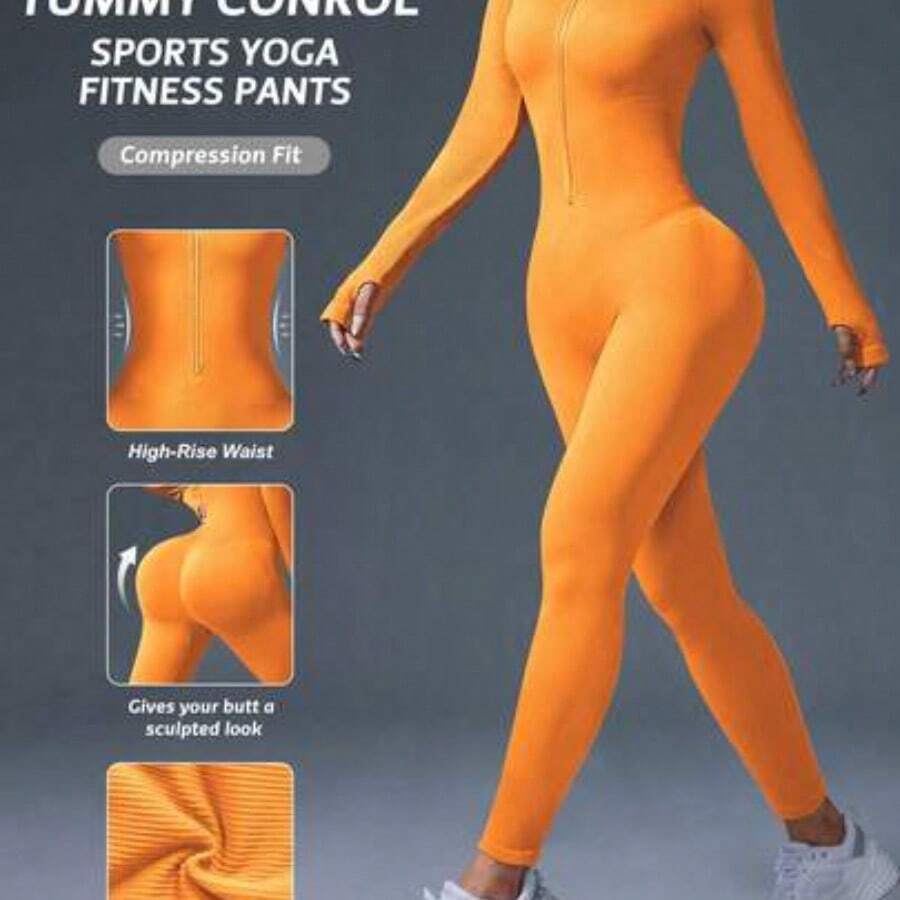 Dewbera Plain Ribbed Zipper Slim Fit Long Sleeve Jumpsuit - Naranja - Ver 1
