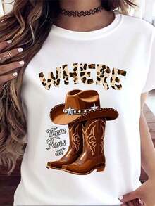 Women's Clothing White Printed T-Shirt With Cowboy Hat And Boots, Leopard Print Text And Western Theme, For Country Music Festivals And Outdoor Events, Women's Shirts - 白色 - 查看 1
