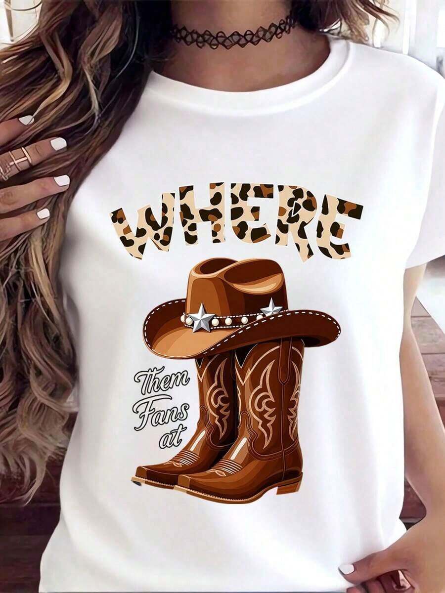 Women's Clothing White Printed T-Shirt With Cowboy Hat And Boots, Leopard Print Text And Western Theme, For Country Music Festivals And Outdoor Events, Women's Shirts - 白色 - 查看 1