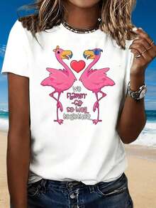 We Fit So Well Together Flamingo Couple T-Shirt Summer Beach T-Shirt For Women And Men Funny Graphic Tee Casual Blouses For Women - 黑色 - 查看 4