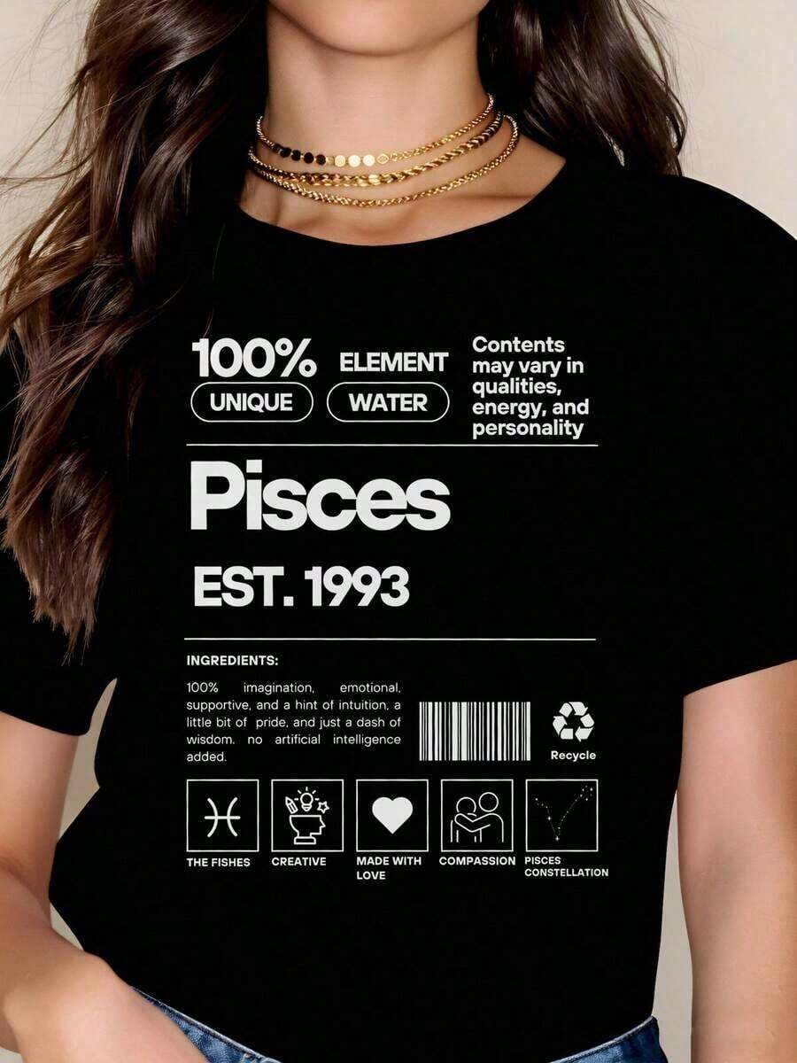 Women's Cotton T-Shirts, T-Shirt With The Zodiac Sign Pisces, 100% Unique, Water Element, Born In 1993, Graphic T-Shirt With Constellation Of Compassion And Love For Women, Basic Blouses For Women. - 黑色 - 查看 1