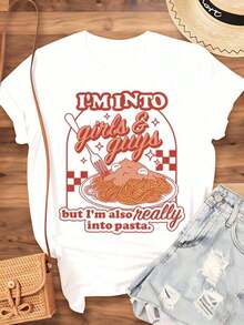 Women's Cotton T-Shirts, Funny Graphic Print T-Shirt For Food Lovers "I Like Girls And Boys, But I Also Love Pasta", For Women And Men, Casual Wear, Gift For Pasta Enthusiasts, Basic Women's Blouses. - 白色 - 查看 3