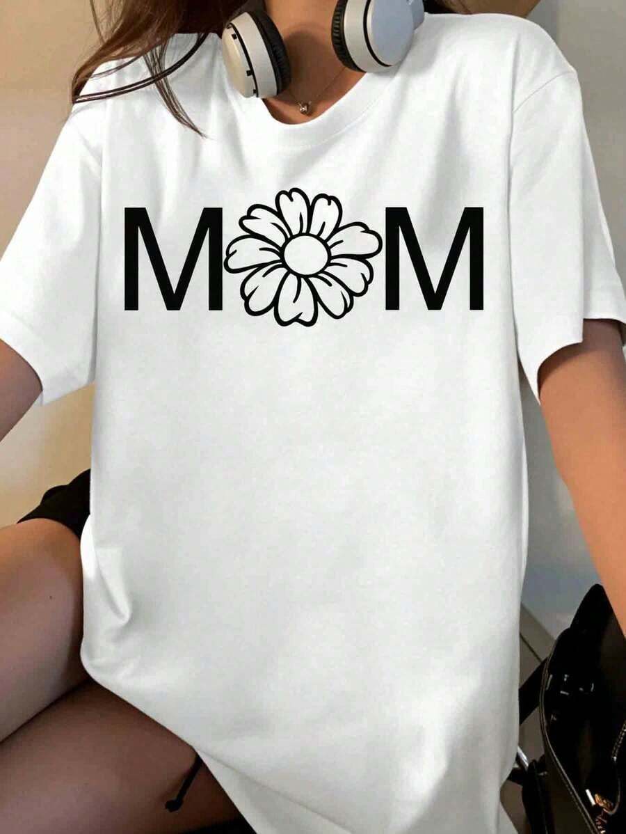 Women's Floral Print "Mom" T-Shirt, Casual Summer Top With Daisy Design, Comfortable Cotton T-Shirt For Mother's Day Gift [Suitable For Leisure And Sports Occasions] - 白色 - 查看 1