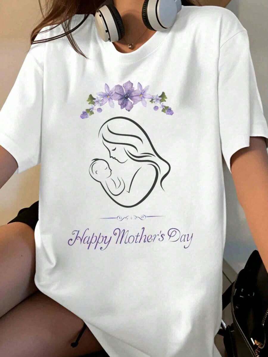 Happy Mothers Day T Shirt With Mother And Baby Design Floral Print For Women Gift For Mom [Suitable For Casual And Sports Activities] - 白色 - 查看 1