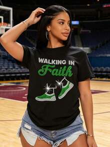 Graphic Tee With Rhinestone Sneaker Design "Walking In Faith" By Mexican Walking In Faith, Round Neck, Short Sleeve, Bright Green Shoe Design, Casual Wear For All Seasons, Round Neck Graphic Tee, Cotton Fabric, Summer Fashion For Women. - 黑色 - 查看 5