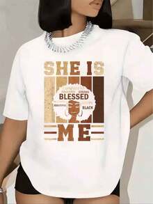 Mexican Women's T-Shirt With Graphic Print 'She Is Blessed, Confident, Educational, Strong, Beautiful, Happy, Me', Short Sleeve, Round Neck, Casual Loose Fit, Cotton T-Shirt Summer Fashion - 白色 - 查看 1