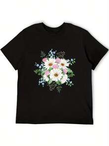 Women's Cotton T-Shirt, Round Neck, Loose Fit, Casual, With Bohemian Floral Print, Short Sleeve - Soft Light Blue, Pink, White, Brown, Beige, Suitable For Layering In Spring And Summer, Comfortable Machine Washable T-Shirt, Sweater With Geometric Pattern, Suitable For Home And Outdoor Use, Loose Women's Clothing For All Seasons, Women's T-Shirt, Women's Long Sleeve T-Shirt. - 黑色 - 查看 5