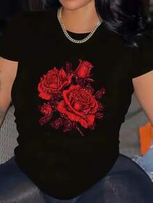 Elegant And Beautiful Women's T-Shirt With Rose Print, Summer, Short Sleeve, Round Neck, Aesthetic, Comfortable, Casual, Urban Vintage Style, Unisex, Loose Fit, Cotton, Short Sleeve, Round Neck. - 黑色 - 查看 1