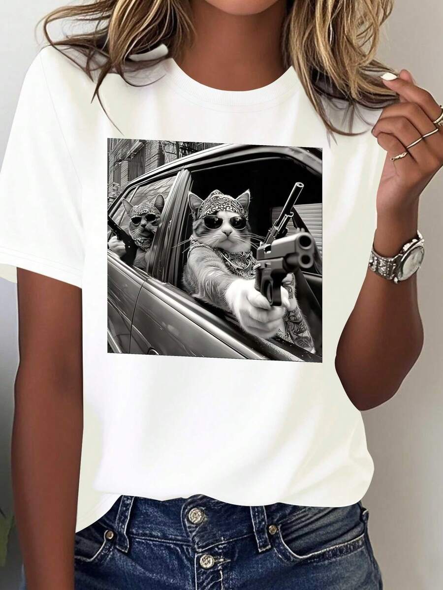 Women's Gangster Cat Print T-Shirt - Short Sleeve, Casual Top With Cat And Mafia Design, Comfortable And Machine Washable Clothing, Essential For Your Outfit - 白色 - 查看 1