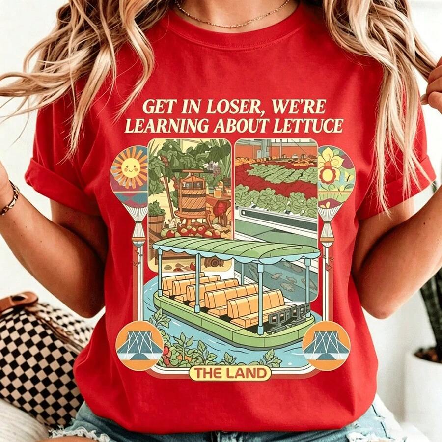 Soft Retro Epcot-Inspired T-Shirt With Living With The Land Aesthetic, Funny D Park T-Shirt With The Phrase 'Get In Loser We Re Gonna Learn About Lettuce', Festive Clothing For Women, Vintage Style T-Shirts, Free Shipping, Perfect To Pair With Jeans, Women's Blouse, Women's Activewear - 紅色 - 查看 1