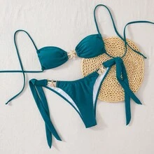 Sexy Two-Piece Bikini For Women, Adjustable Lace-Up Design With Starfish Embellishment, Solid Color - FF1179-bK - View 4