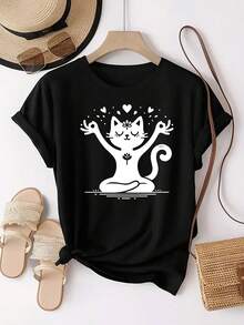 Pink Cat Meditation Print Surrounded By Hearts, Full Of Zen. Custom Print. Fashionable Women's Casual Short-Sleeve Crew Neck Sports T-Shirt, Comfortable Top - 黑色 - 查看 1