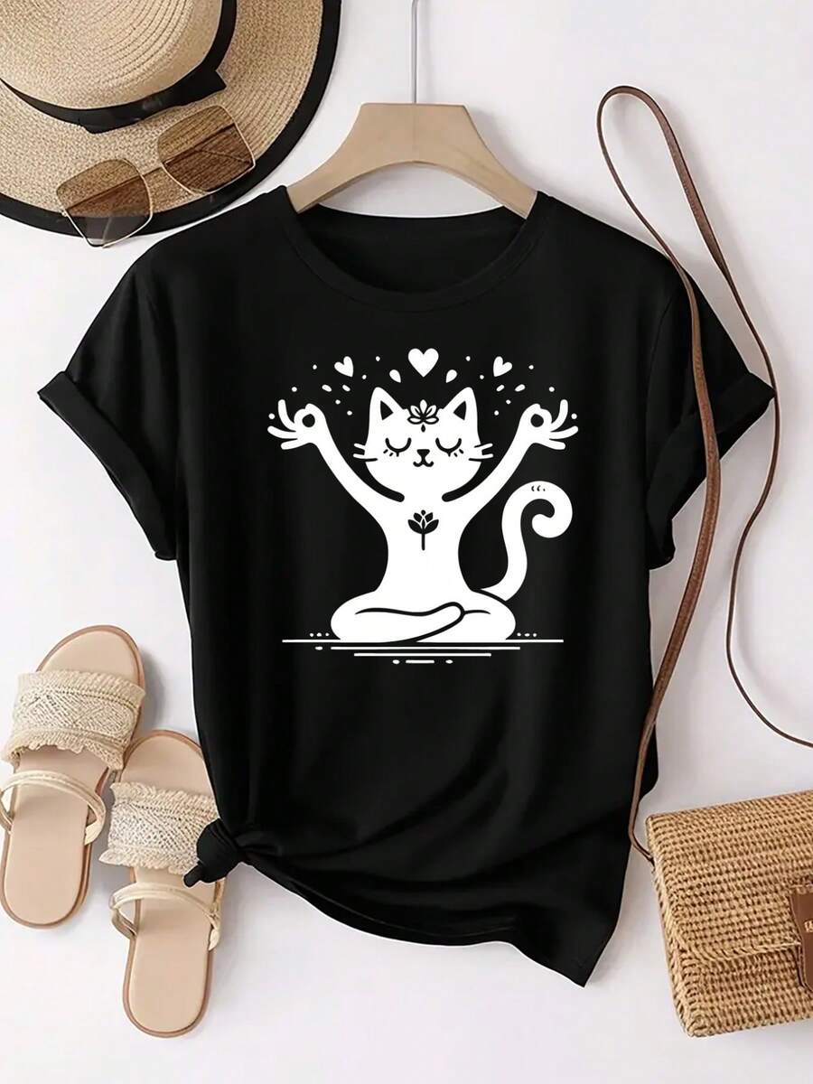 Pink Cat Meditation Print Surrounded By Hearts, Full Of Zen. Custom Print. Fashionable Women's Casual Short-Sleeve Crew Neck Sports T-Shirt, Comfortable Top - 黑色 - 查看 1