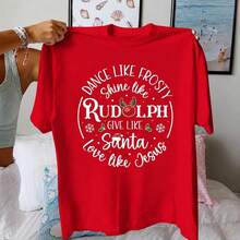 Gift - Short-Sleeved T-Shirt With Christmas-Themed Letter Print, Oversized Round Neck, Casual Women's Clothing, Suitable For Summer And Spring, Soft. - 紅色 - 查看 7