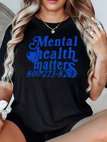 100% Cotton. Positive Phrase Promoting The Importance Of Mental Health Care And Displaying A Helpline Number In Blue. Women's T-Shirt, 100% Cotton, 220g. Women's Simple Solid Color T-Shirt, Loose And Slim Fit Casual Short Sleeve - 黑色 - 查看 11
