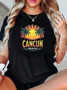 100% Cotton. Women's Short-Sleeved, Crew-Neck T-Shirt With A Cancun, Mexico Print, Perfect For Casual Outings, Vacations, Holiday Gifts, And Get-Togethers With Friends. Women's Simple Solid Color T-Shirt, Loose And Slim Fit, Casual Short Sleeve - 黑色 - 查看 6