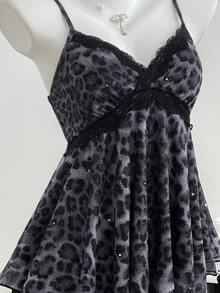 Top de mujer con estampado de leopardo y dobladillo asimétrico con encaje - Gris Oscuro - Ver 4