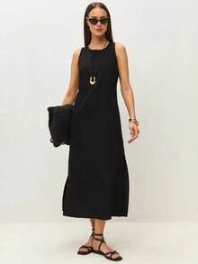 Sleeveless Dress With Round Neck And Zipper, Elegant Summer Style 2026 For Women - 黑色 - 查看 2