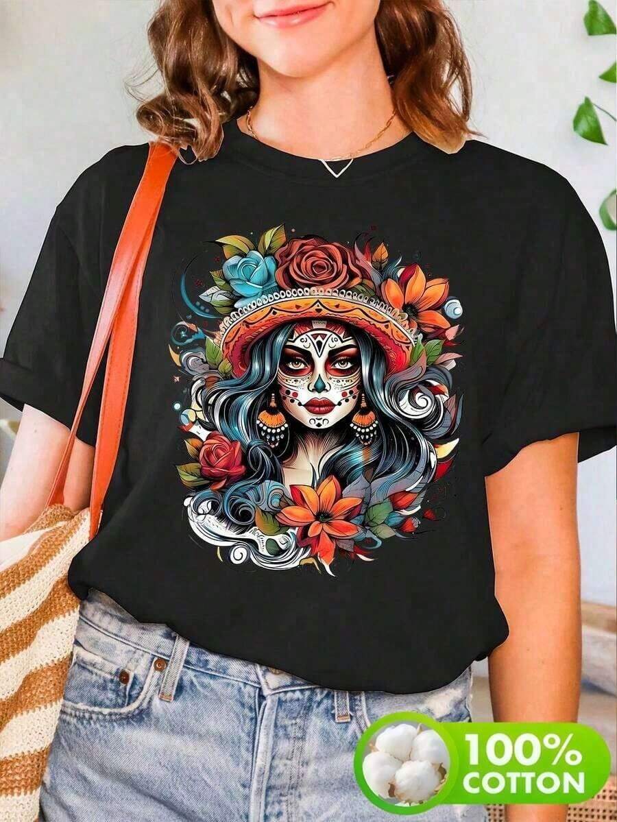 Women's Short-Sleeved T-Shirt In A Mexican Style, Printed With The Words "Viva México!" It Features A Feminine Catrina Skull Design In The Style Of The Mexican Day Of The Dead (Decorated With Flowers And A Wide-Brimmed Hat), A Round Neck, And Short Sleeves, Perfect For Spring And Summer. It Also Includes A Women's Short-Sleeved Athletic T-Shirt, Suitable For Vacations And A Great Gift. It's Also Machine Washable. - 黑色 - 查看 1