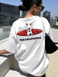 Camiseta de manga corta con estampados frontales y traseros - Bulldog Francés, estampado de moda de surf - Camiseta de mujer con estampado de moda para primavera/verano, artículo de moda, adecuada para citas de fin de semana, reuniones y viajes. Camisa elegante adecuada para fiestas. - Negro - Ver 3