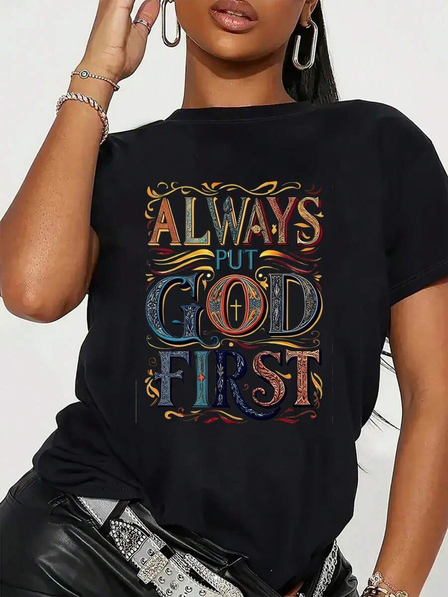 New 2026 Collection: Women's Cotton T-Shirt, Retro Style Y2K GOD FIRST - Breathable Short Sleeve T-Shirt With Round Neck And Faith Letters, Casual Church Wear, Suitable For Daily Use And Religious Wear. - 黑色 - 查看 1