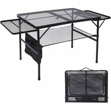 Folding Grill Table, 3x2 FT Portable Cping Table With 2 Wing Panels, Height Adjustable Metal Tables With Mesh Desktop And Mesh Bag, Outdoor Furniture For Cping, Picnic, Beach And BBQ, Bla Variant 2 - 3x2 FT With 2 Panels - View 1