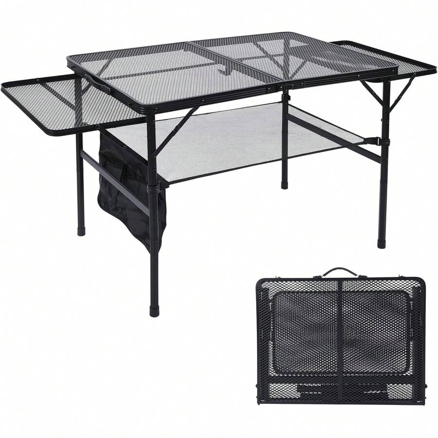 Folding Grill Table, 3x2 FT Portable Cping Table With 2 Wing Panels, Height Adjustable Metal Tables With Mesh Desktop And Mesh Bag, Outdoor Furniture For Cping, Picnic, Beach And BBQ, Bla Variant 2 - 3x2 FT With 2 Panels - View 1
