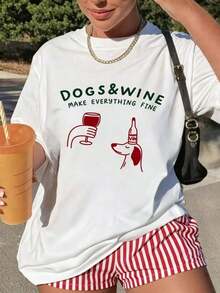 Soft 1 Piece Women's Short Sleeve Crew Neck T-Shirt, Loose Fit For Summer, With "Dog And Wine" Graphic Print, Suitable For Vacation, Office, Outings, Daily Wear, Dates, Parties, Meetings And Casual Wear - 白色的 - 查看 5