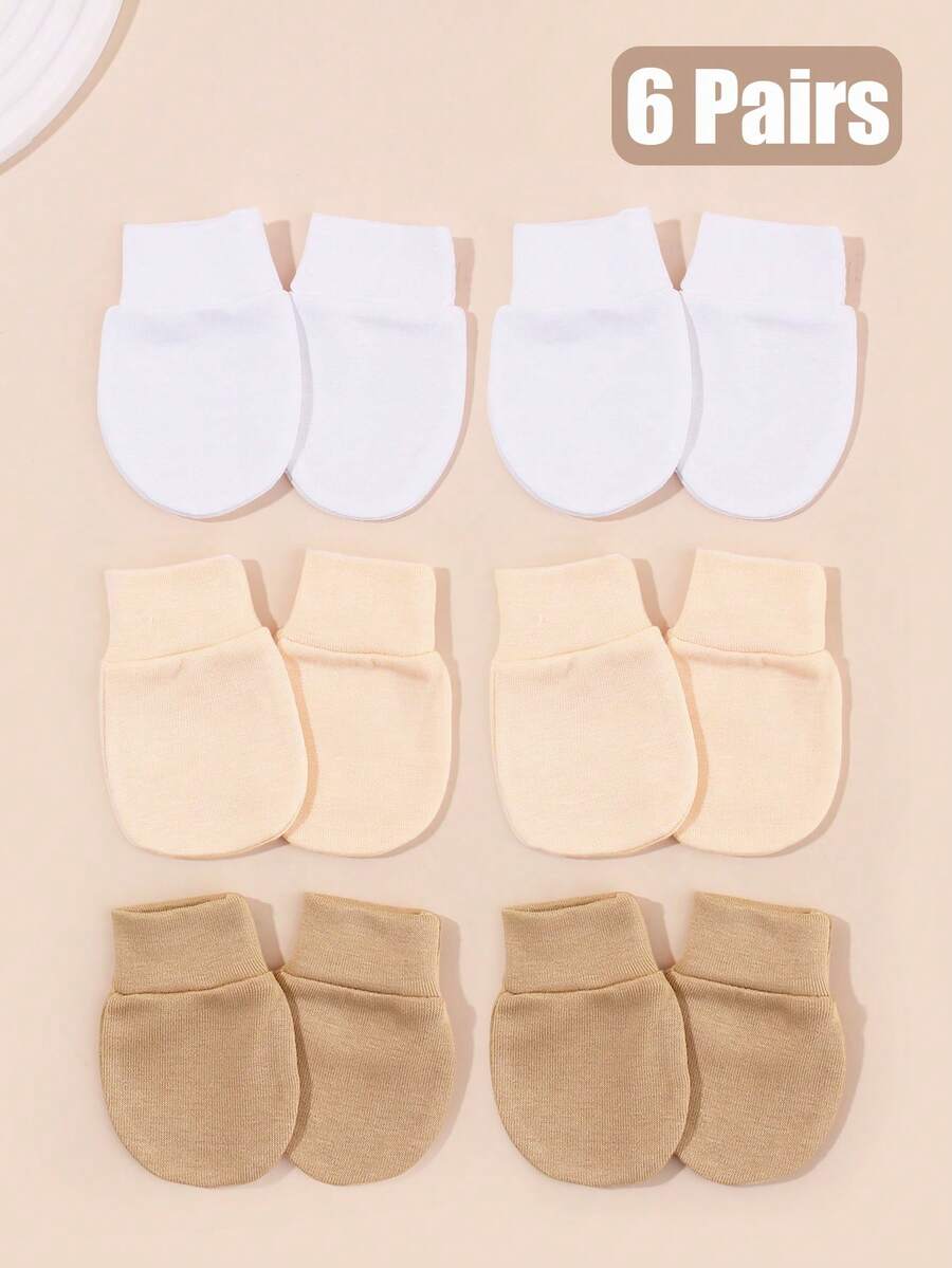 6 Pairs Solid Color Baby Anti-Scratch Mittens, Newborn Hand Protector Suitable For Daily Play And Wear - White Mikhaki - View 1