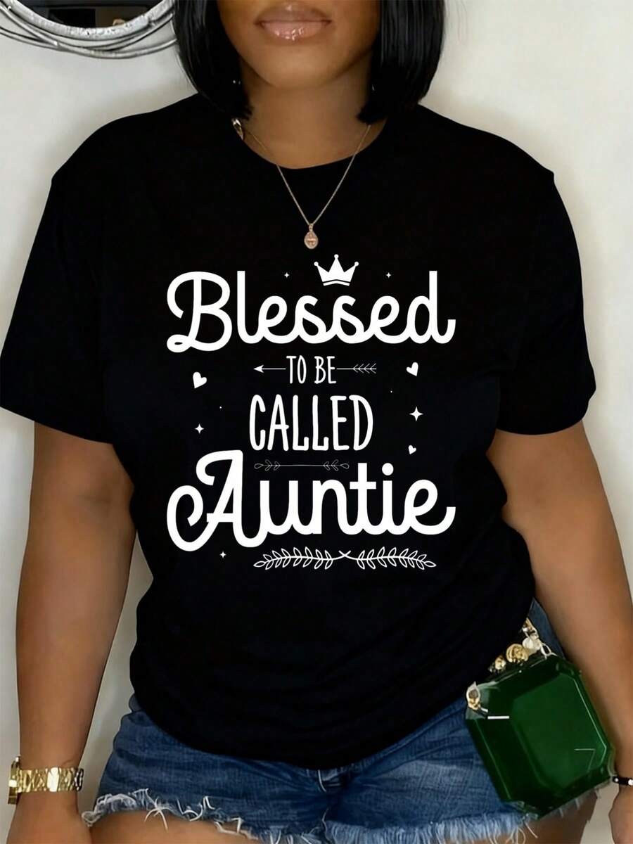 Camiseta Estampada para Mujer - Camiseta Casual de Manga Corta y Cuello Redondo en Negro con Texto Bendecida por ser Llamadaía, Corte Relajado para Todas las Estaciones, Perfecta para Uso Diario y Atuendos de Vacaciones (Lavable aáquina). - Negro - Ver 1