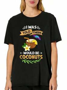 Women's Lightweight Casual T-Shirt With Oil, Water, Cream, Tree, Fruit, And Palm Butter Print, Round Neck, Short Sleeve, For Summer, Summer Vacation Wear, Suitable For Festivals And Daily Wear. Suitable As A Gift. Women's T-Shirt. Blouses>Elegant. Boho Chic. Soft, Breathable, And Comfortable Women's Top, Ideal For Spring, Summer, And Autumn, Perfect For Vacations, Travel, And Everyday Wear. - 黑色 - 查看 2