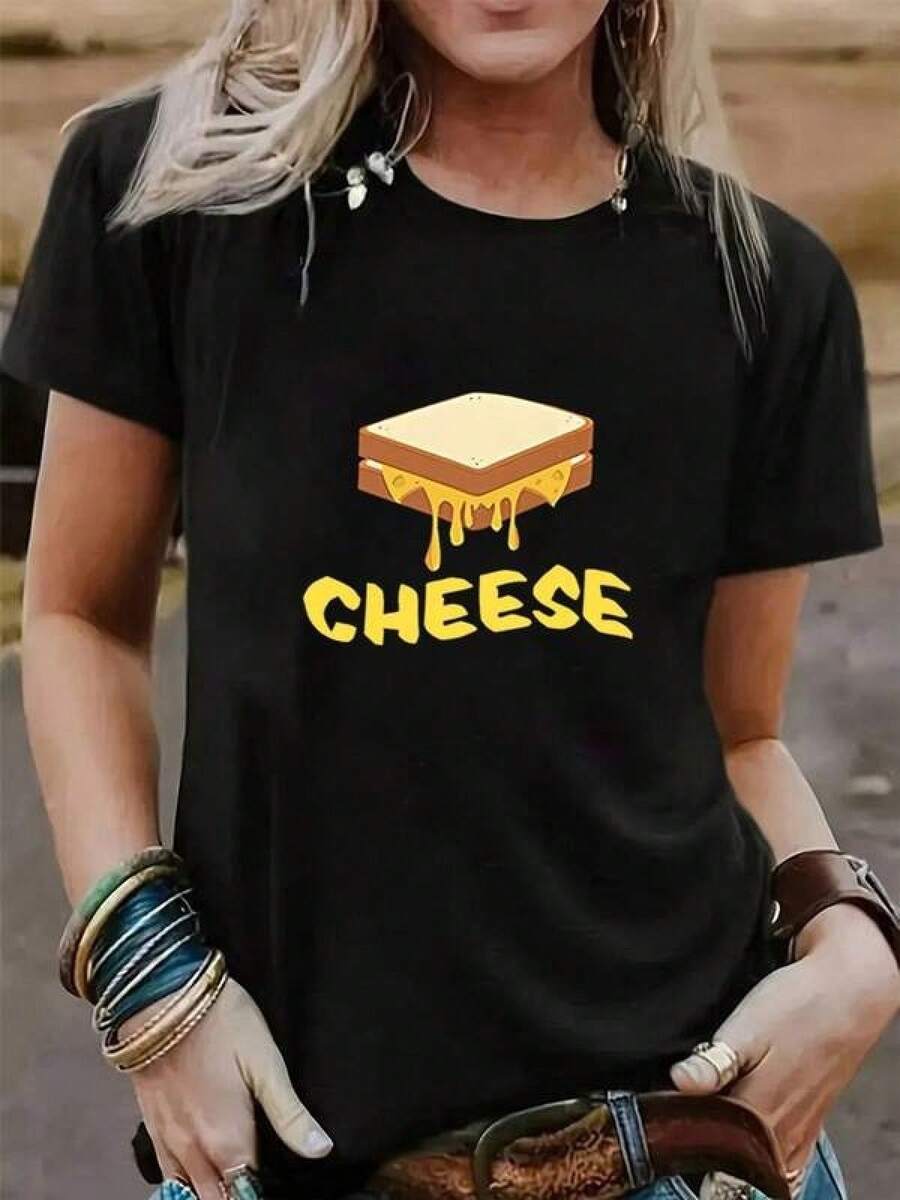 Camiseta negra informal de manga corta con cuello redondo para hombre,Camisetas Para Mujer Camiseta Y2K con diseño de queso derretido para amantes de la comida divertida, cómoda y moderna, ideal para cualquier ocasión. Perfecta para expresar tu estilo único y divertido, disponible en una pieza. ¡No te quedes sin la tuya! - Negro - Ver 1