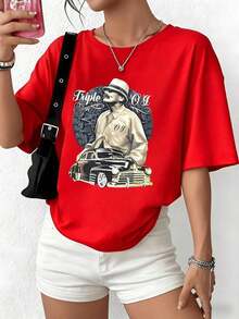 100% Cotton. Illustration Representing Urban Essence With A Classic-Style Female Figure Next To A Vintage Car, Symbolizing Strength And Modern Elegance. Women's 100% Cotton T-Shirt, Comfortable And Casual. Women's Simple Solid Color T-Shirt, Loose And Slim Fit Casual Short Sleeve - 紅色的 - 查看 1