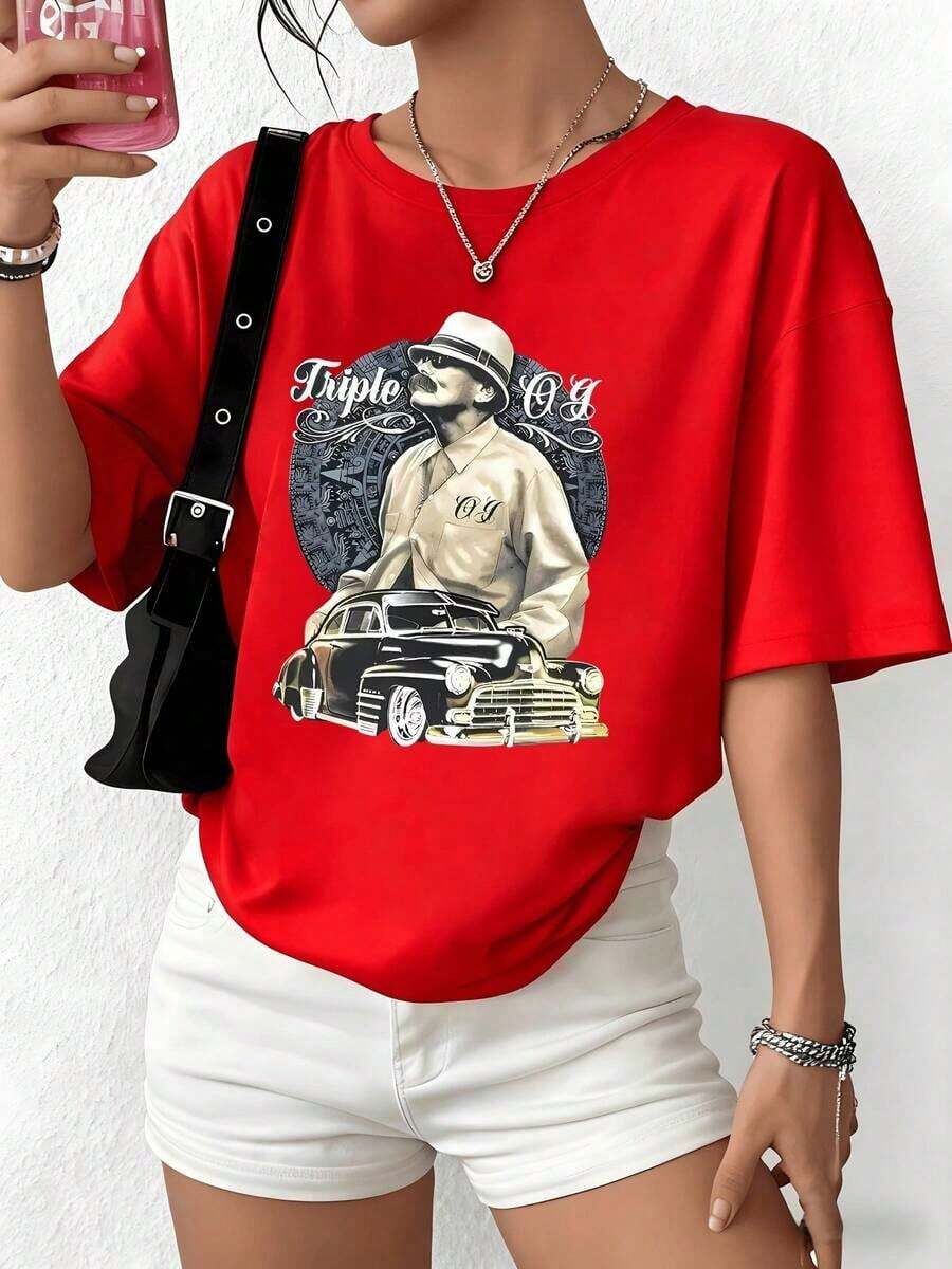 100% Cotton. Illustration Representing Urban Essence With A Classic-Style Female Figure Next To A Vintage Car, Symbolizing Strength And Modern Elegance. Women's 100% Cotton T-Shirt, Comfortable And Casual. Women's Simple Solid Color T-Shirt, Loose And Slim Fit Casual Short Sleeve - 紅色的 - 查看 1