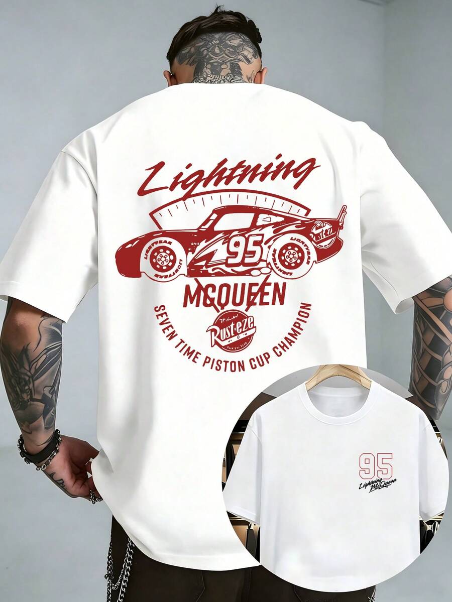Officially Licensed Disney Cars Lightning McQueen 95 Piston Cup Champion Vintage Racing Graphic T‑Shirts For Men 100% Cotton Short Sleeve Crew Neck Retro Race Car Oversized Streetwear Tee Motorsport Automotive Summer Casual Daily Racing Fan Outfit - trắng - Xem 1