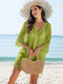 Swim Vcay Kimono cubrecuerpo para damas de un solo color con aplicaciones de encaje y botones delanteros - Verde Oliva - Ver 6