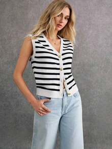 Cárdigan sin mangas casual de invierno para mujer con estampado de rayas, un esencial de estilo chic effortless - Blanco y Negro - Ver 6