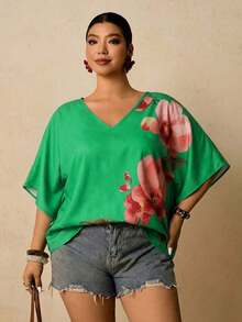 Blusa holgada con estampado floral para mujer de talla grande - Verde - Ver 5