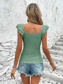 VCAY Camiseta De Mangas De Mariposa Con Cuello Cuadrado Y Bordado De Ojales, Camisa De Mujer - verde menta - Ver 2