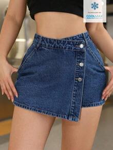 PETITE Short vaquero sexy con bolsillo frontal, cruce de cintura y abotonado para mujer - Azul - Ver 9
