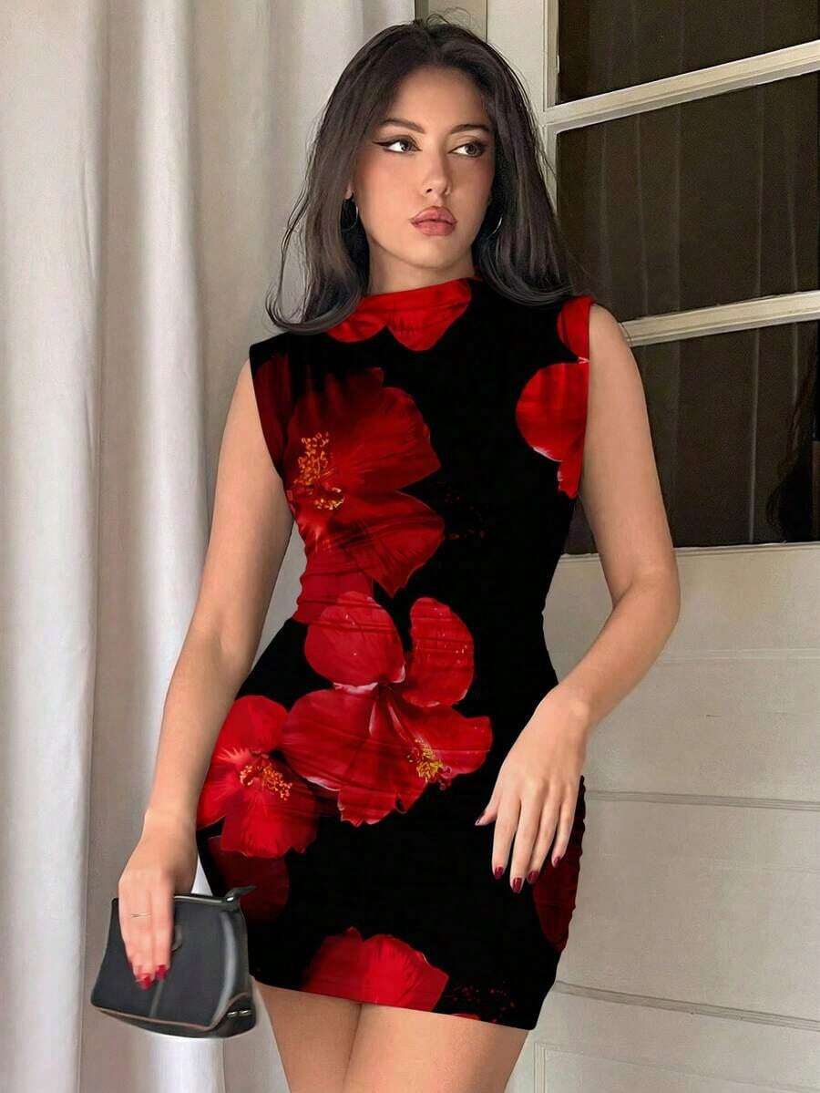 Vestido ajustado con fruncidos de estilo minimalista y sin mangas de unicolor para mujer - Rojo y negro - Ver 1