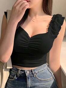 Blusa de manga larga con cuello de corazón y drapeado, ropa de otoño - Negro - Ver 6