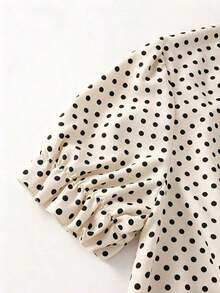 Blusa de manga corta holgada, casual, elegante, dulce y retro con estampado de lunares, cuello con volantes y talla grande para primavera/verano - Albaricoque - Ver 4