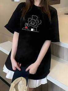 Women's Summer Fashion Short-Sleeved T-Shirt, Versatile Loose-Fitting Round Neck Top - Black - View 2